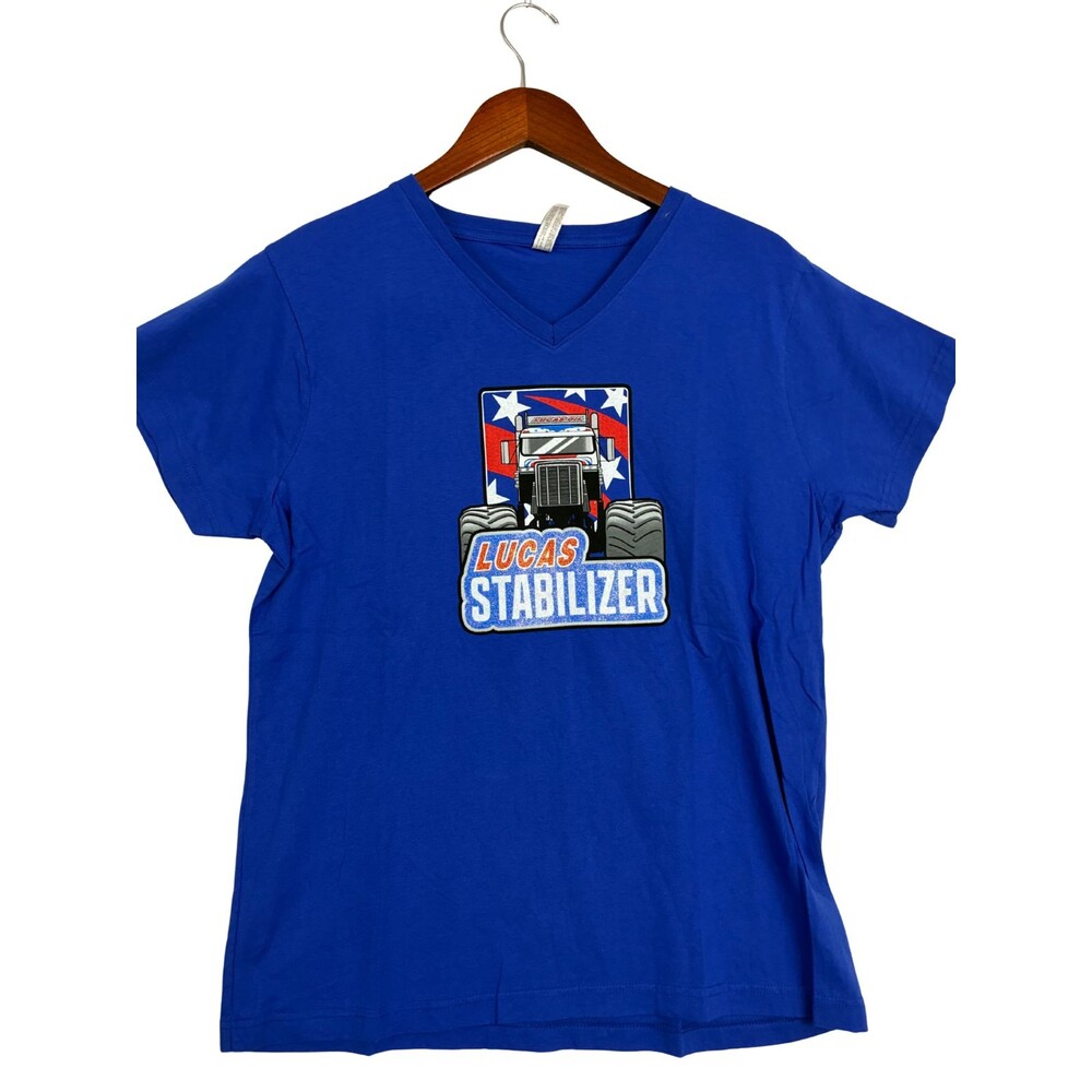 LAT Apparel Womens XL Blue Patriotic Race Car Graphic V Neck T Shirt